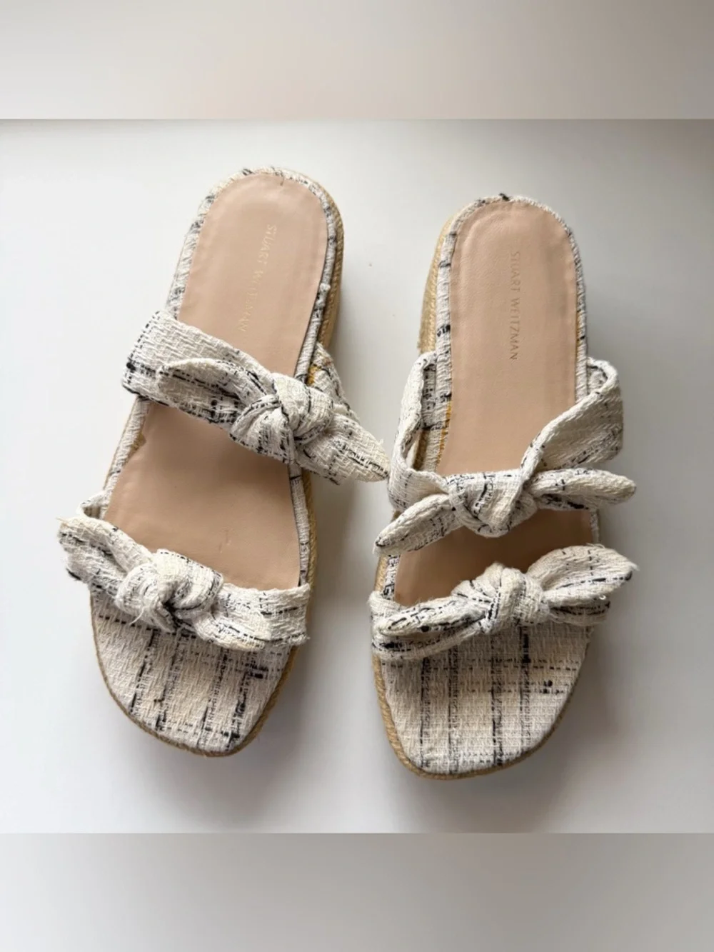 Stuart Weitzman Designer Tweed Bow Bandeau Espadrille Platform Sandals Size 8